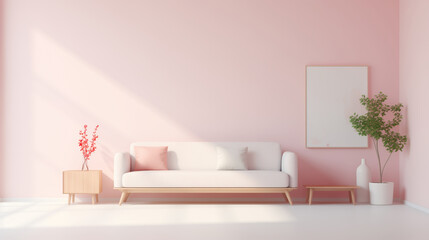 Minimal interior design of a stylish pastel room. Pink wall, white sofa with wood side table, white ceramic vase, flower pot with plants, flowers, wall art. Sunlight. Empty wall mock up background. 