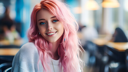 Jeune femme avec les cheveux roses dans un café