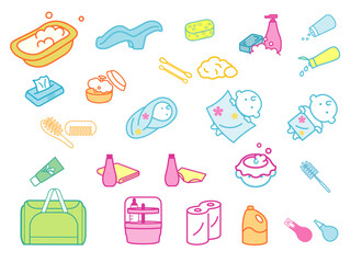 List of various accessories and equipment for cleaning babies, Vector icons with adjustable line width