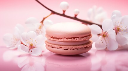 Fototapeta na wymiar Pink Macaron with Cherry Blossoms