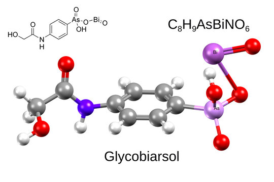 Chemical formula, structural formula and 3D ball-and-stick model of an antiprotozoal agent glycobiarsol