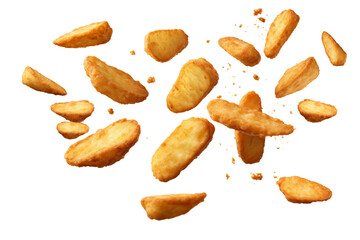 fried potatoes fly on transparent background - obrazy, fototapety, plakaty