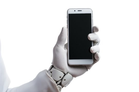 robot hand hold mobile phone on transparent background