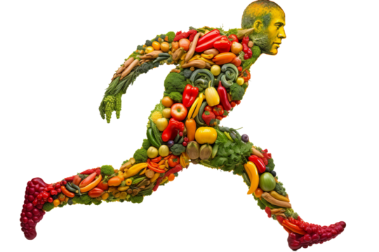 fruits and vegetables shape running human body isolated