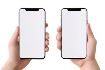 child hands hold blank screen mobile phones on transparent backgorund
