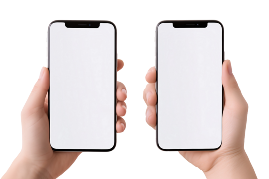 child hands hold blank screen mobile phones on transparent backgorund - Powered by Adobe