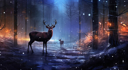 Reindeer in Snowy Forest Wonderland