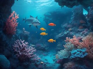 Naklejka na ściany i meble under sea ​​creatures and an sea underwater beautiful view, filled with colorful coral reef