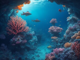 Fototapeta na wymiar under sea ​​creatures and an sea underwater beautiful view, filled with colorful coral reef
