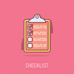 Vector cartoon to do list icon in comic style. Checklist, task list sign illustration pictogram. Reminder business splash effect concept.