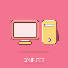 Vector cartoon computer icon in comic style. Monitor sign illustration pictogram. Pc business splash effect concept.