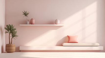Minimal interior design of a stylish pastel room. Beige pink wall, white bench with cushion and pillow, white shelf with ceramic vases, plants. Sunlight. Empty wall mock up background. 