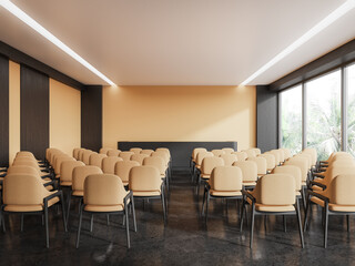 Stylish meeting interior with beige chairs in row and panoramic window