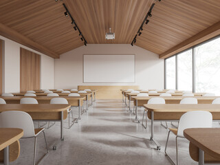 Wooden class room interior with chairs in row and mock up projection screen