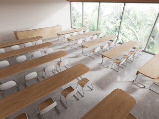 White college classroom interior with desks and chairs - obrazy, fototapety, plakaty