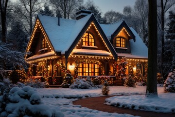 Winter landscape. Cottage house with decorative garland in a snowy forest. Night