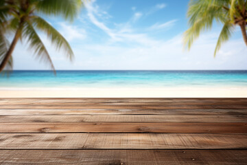 Empty wooden table with tropical beach theme in background. Generative AI