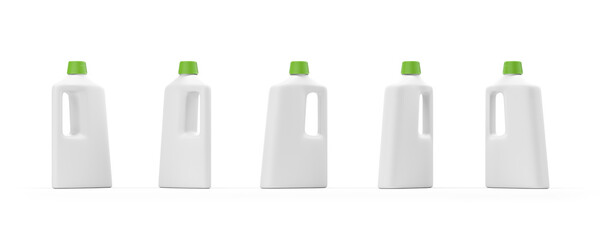 Five white bottles with detergent