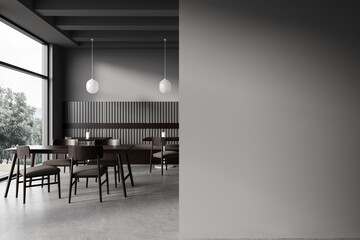 Gray cafe interior with blank wall