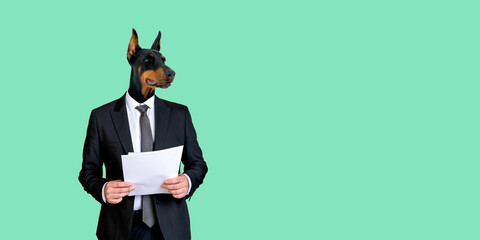 Businessman with dog head holding papers