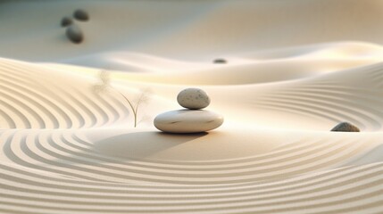 Fototapeta na wymiar Zen garden meditation stone background for harmony, balance, and relaxation with replica space stones and lines in the sand for spa wellness