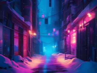 Peaceful alley during nighttime in cyberpunk city covered in snowy condition. Science fiction art mix with winter theme. Retrofuturism style. - obrazy, fototapety, plakaty