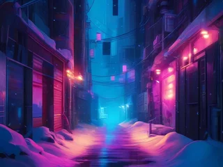Fotobehang Peaceful alley during nighttime in cyberpunk city covered in snowy condition. Science fiction art mix with winter theme. Retrofuturism style. © BPremCreator