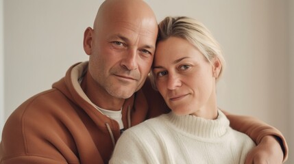 Fototapeta premium A middle-aged European couple cuddling indoors.