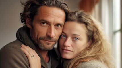 An embrace between a European couple in their middle years.