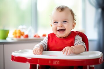Cute, smiling toddler on high chair by table. Close-up.