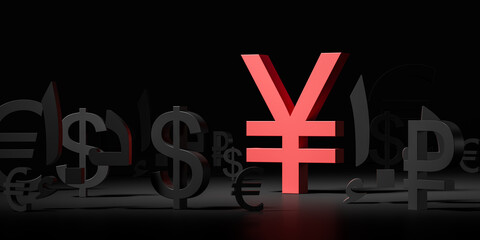 Red yuan and other countries currencies in row on black background