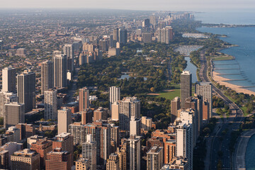 Fototapeta na wymiar Chicago city skyscrapers aerial view, lake Michigan coastline and park