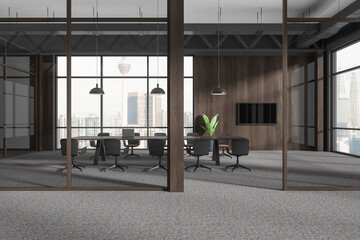 Modern business office room interior with meeting table, panoramic window