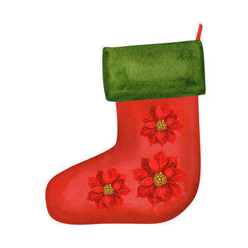 Watercolor Christmas red and green stockings for gifts with winter design of red poinsettia, holly and Christmas tree for invitations, post cards, posters, frames and banners for Christmas, New Year