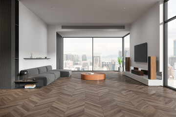 Stylish home living room interior with tv display and relax space, window