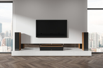 Modern living room interior with tv screen with sound system, panoramic window