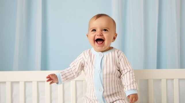 Adorable baby, clad in pastel, greets the day with a smile.