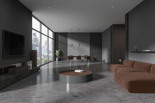 Grey home living room interior with eating and relax place, panoramic window