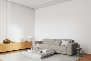White relax room interior with couch and drawer, mockup wall