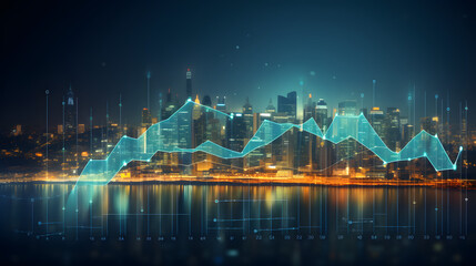 Big data chart on city backdrop.Trade technology, and investment analysis.Business development, financial plan and strategy.Analysis finance graph and market chart investment. Generative Ai.