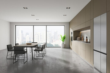 Modern home kitchen interior with dining and cooking space, panoramic window