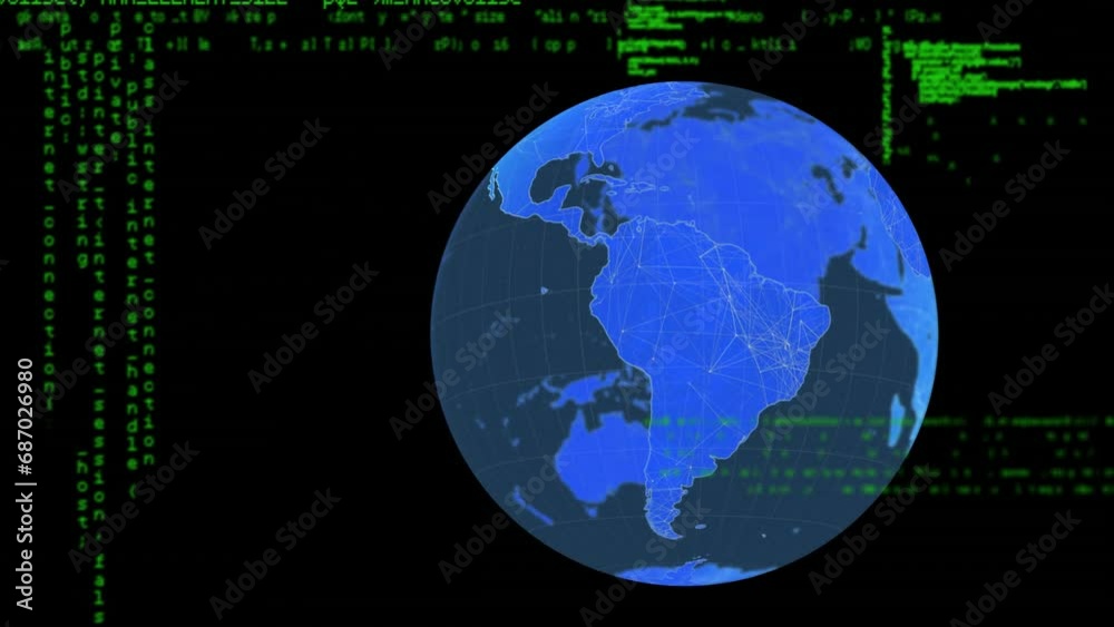 Poster animation of computer language and rotating globe over black background