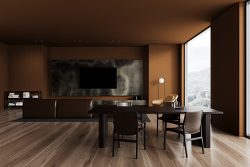 Brown home living room interior with dining table and tv zone with sofa, window