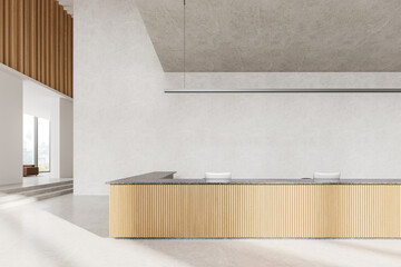 Minimalist office reception interior desk and waiting space, panoramic window