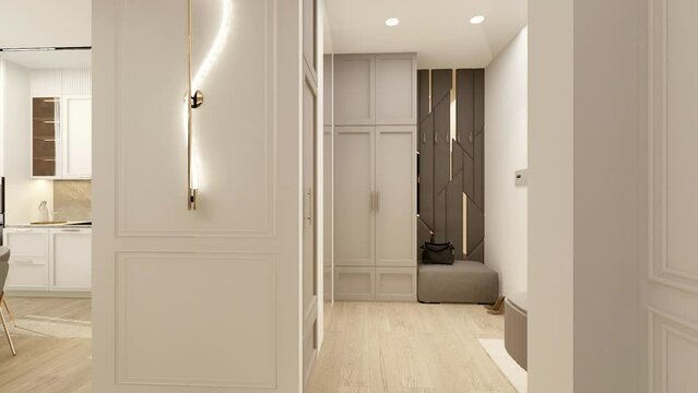 Apartment, hallway area, front door, wardrobe, console with mirror, open space, Japandi style, 3D video.