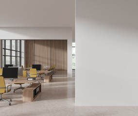 Modern office interior with coworking and meeting space, window. Mock up wall