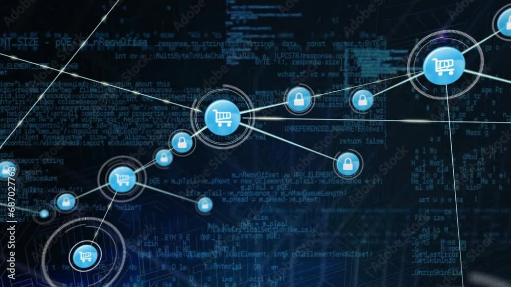 Poster animation of connected icons and computer language over black background