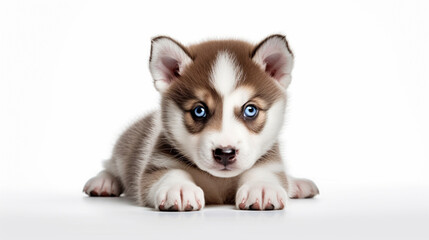 Portrait of a beautiful puppy of brown husky, white background, studio shoot