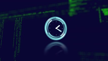 Animation of digital clock and computer language over black background - Powered by Adobe