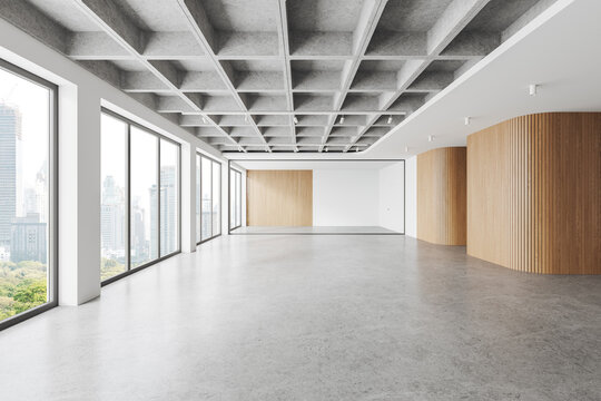 Stylish empty office interior with hall and glass room, panoramic window